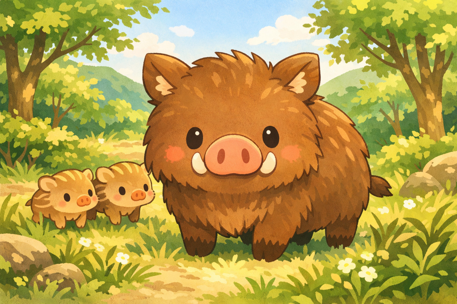 親イノシシと2頭のウリボウを描いたやさしいイラスト