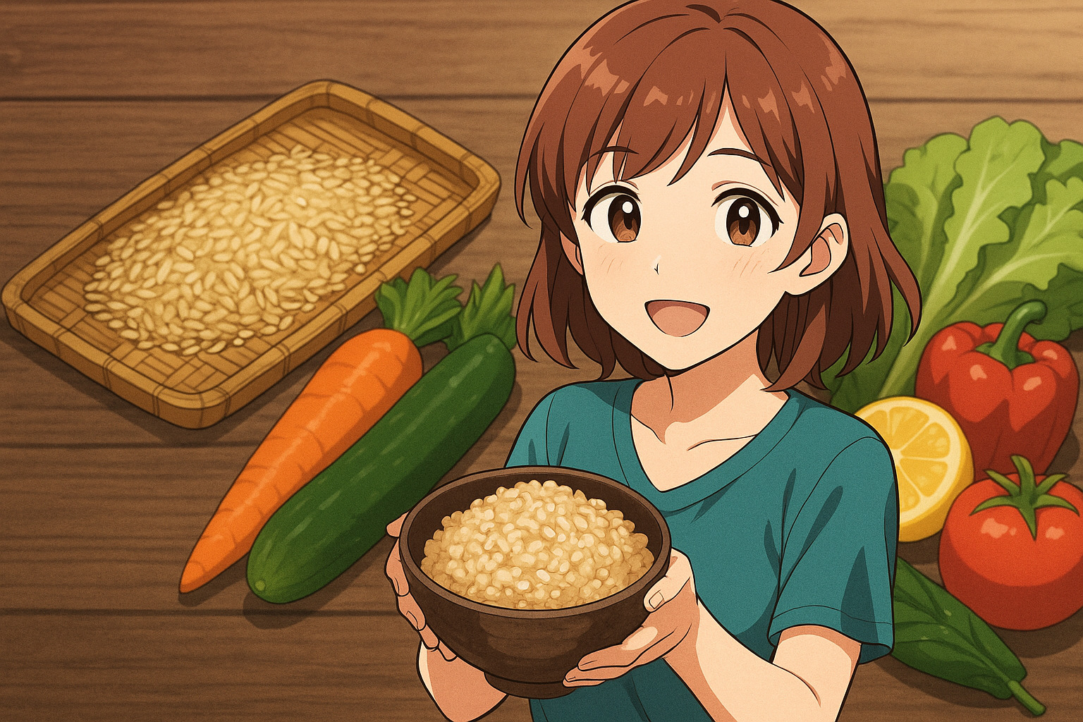 玄米が盛られた茶碗を手にこちらに笑顔を向けている女性のイラスト