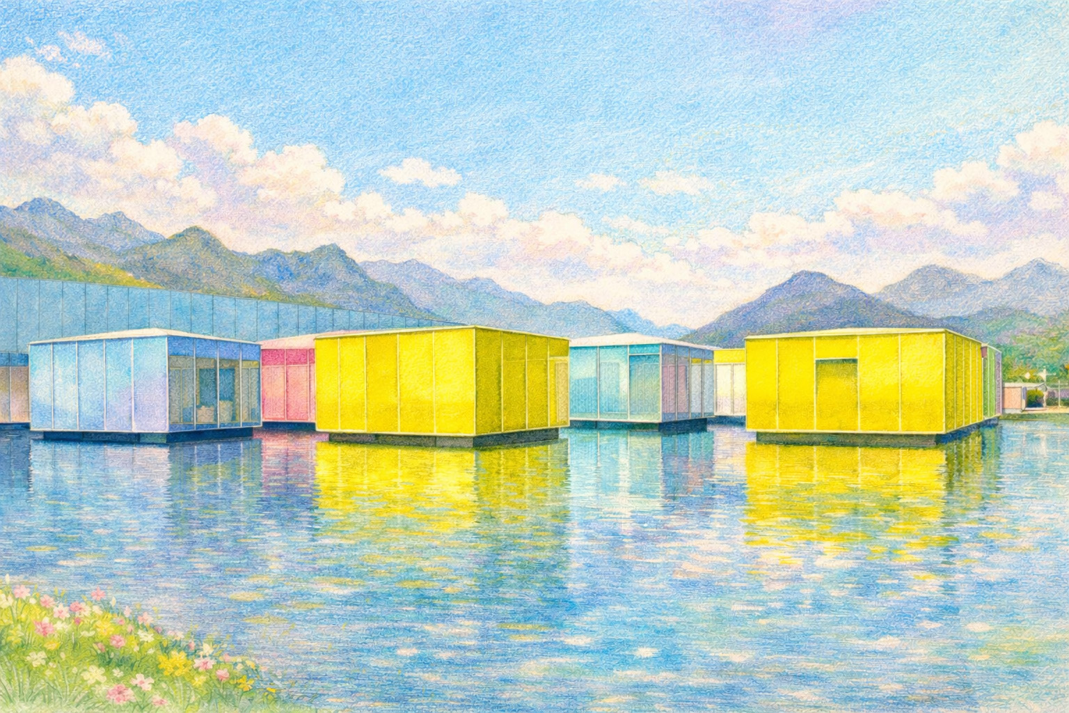 広島の下瀬美術館をモチーフにした、色鉛筆風のやわらかな風景イラスト