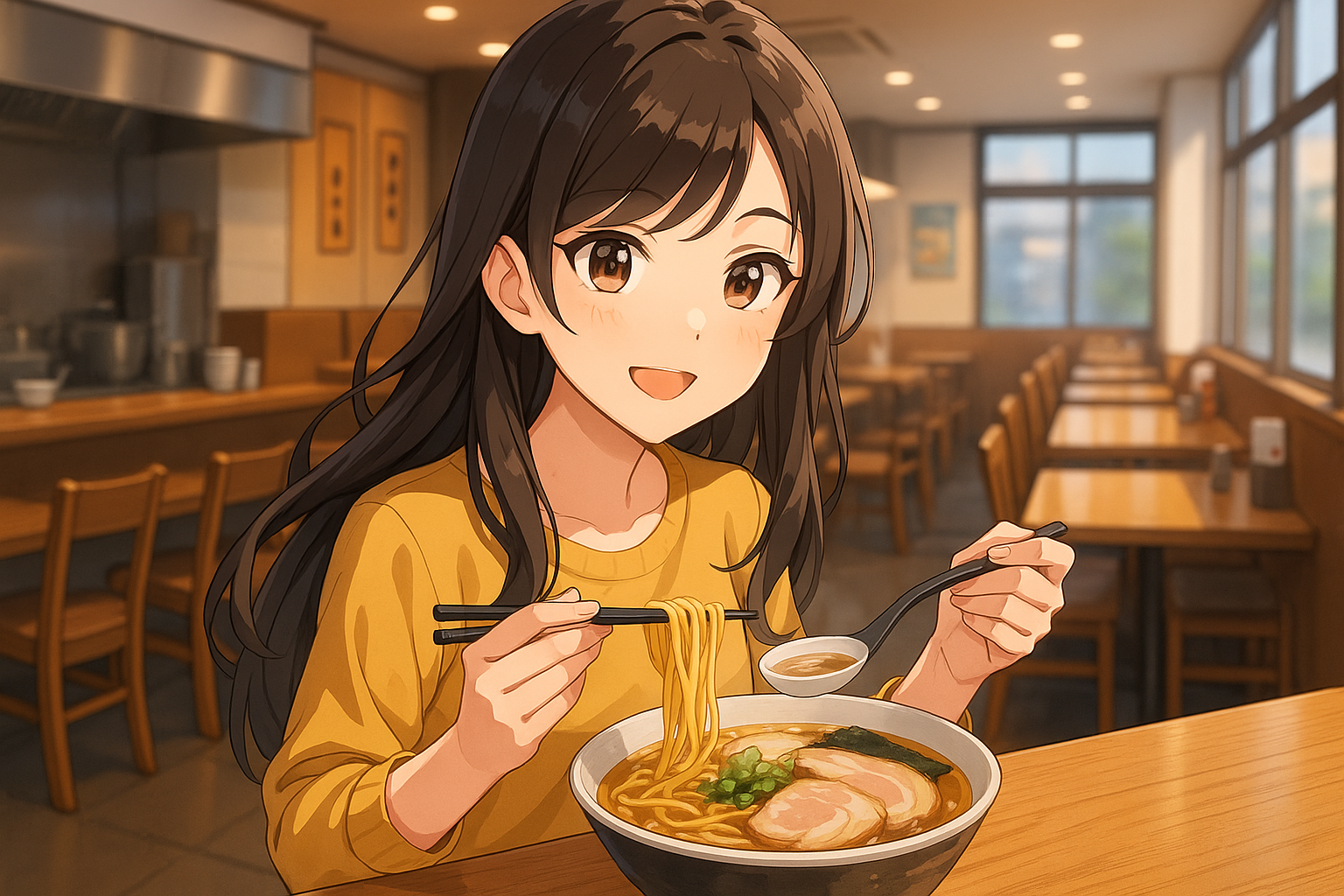 吉野家でラーメンを食べている女性のイメージイラスト