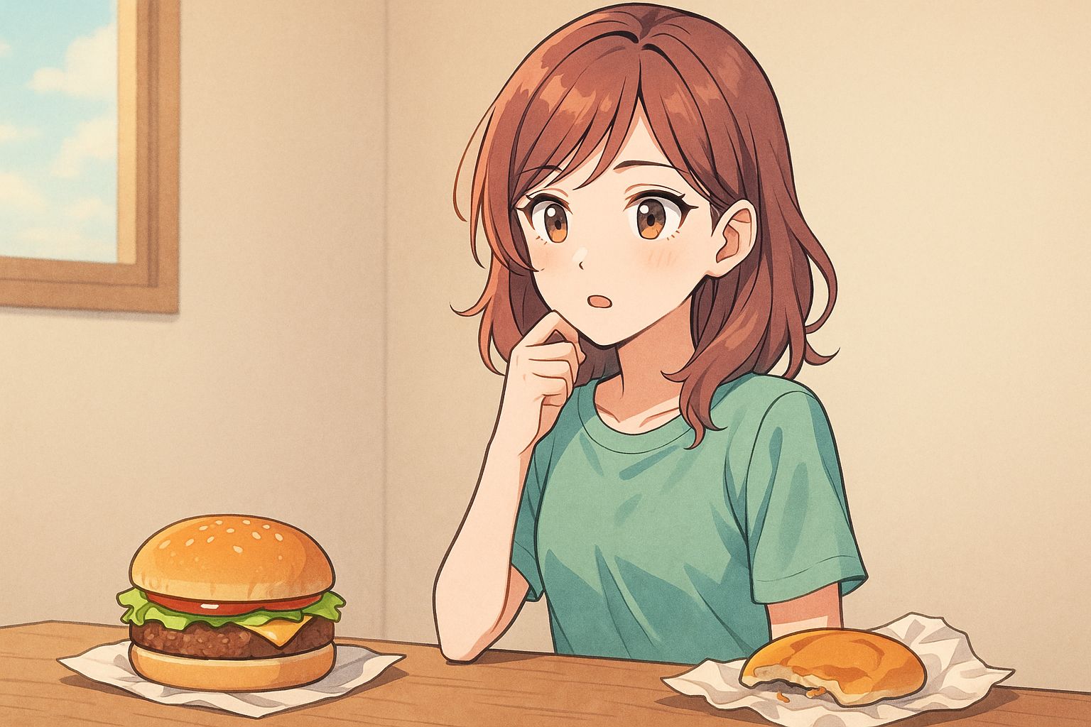 ハンバーガーを前に思い悩んでいる女性のイメージイラスト