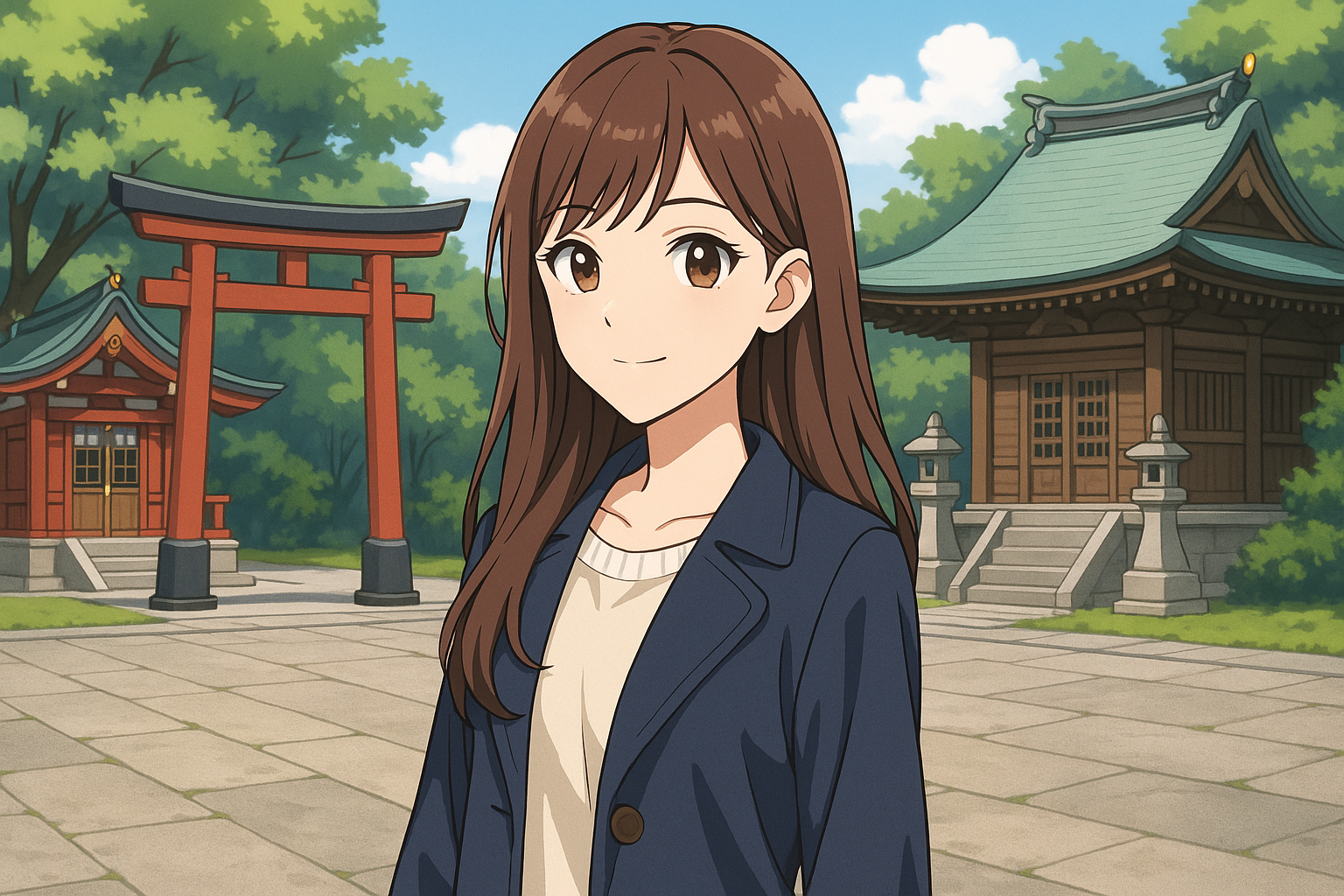 神社とお寺をバックにこちらを向く女性のイメージイラスト