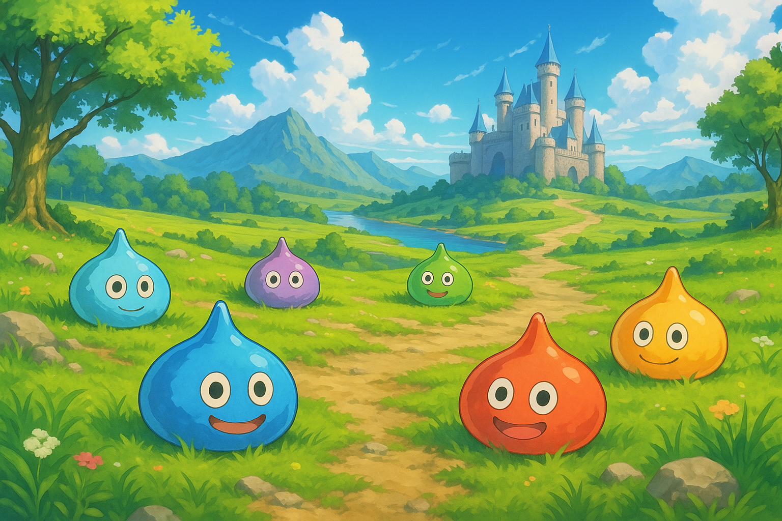 ドラクエ風の風景とスライム数匹のイメージイラスト