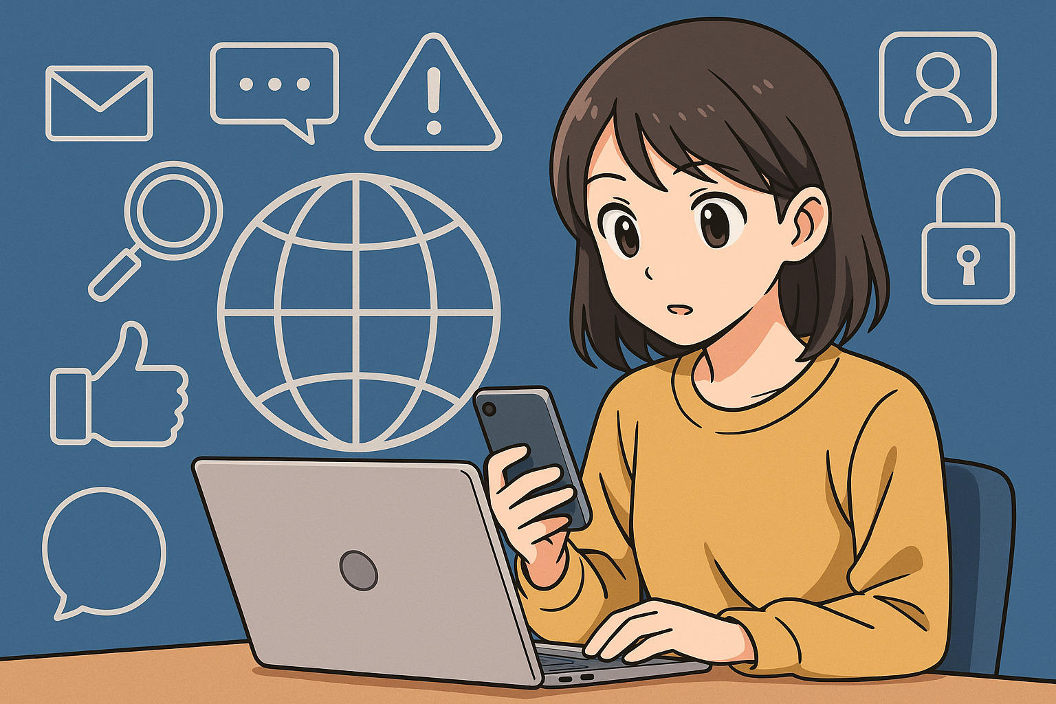 PCの前で考え込んでいる女性のイラスト