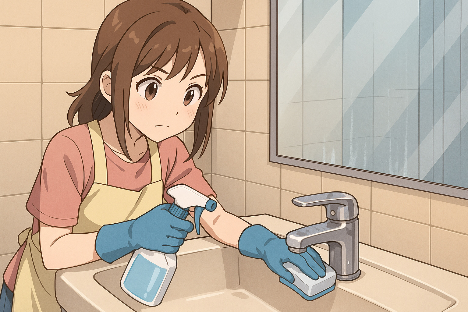 シンクを掃除している女性のイラスト