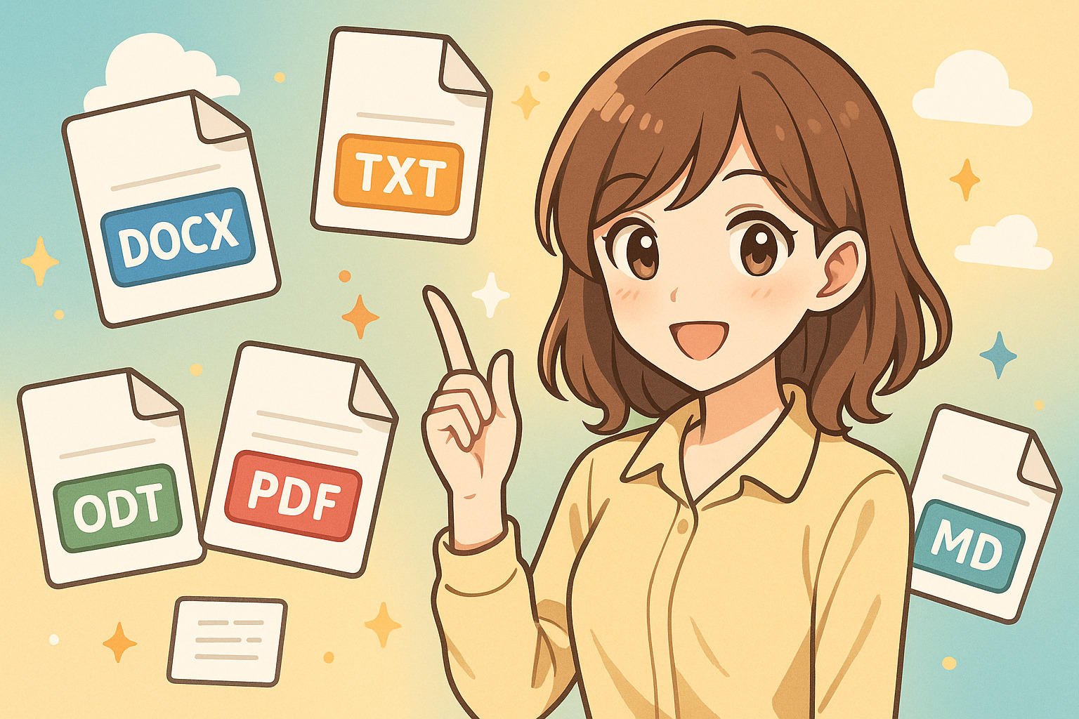 女性が文書ファイルの拡張子を紹介しているイメージイラスト
