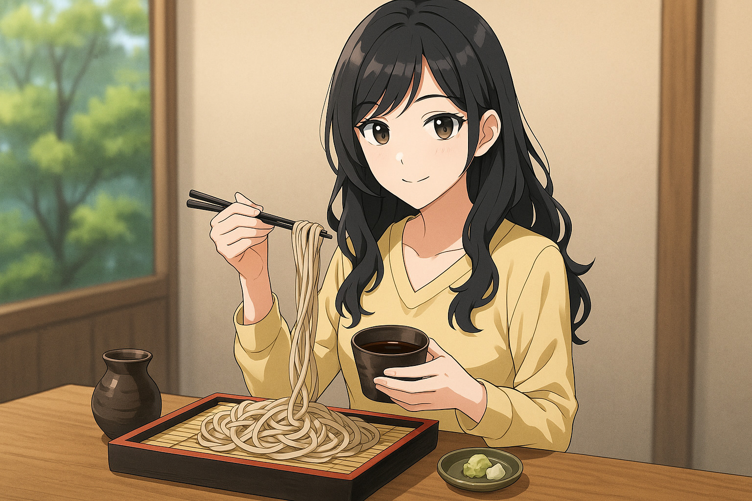 そばを食べる女性のイラスト
