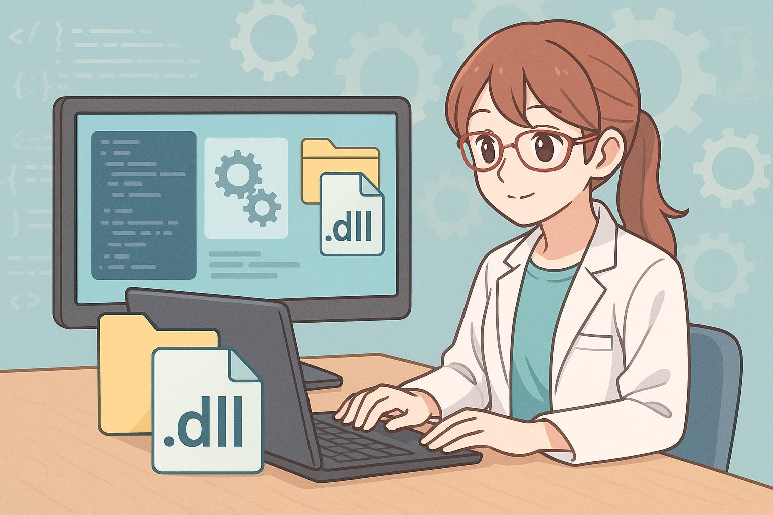 PCで作業している女性のイラスト