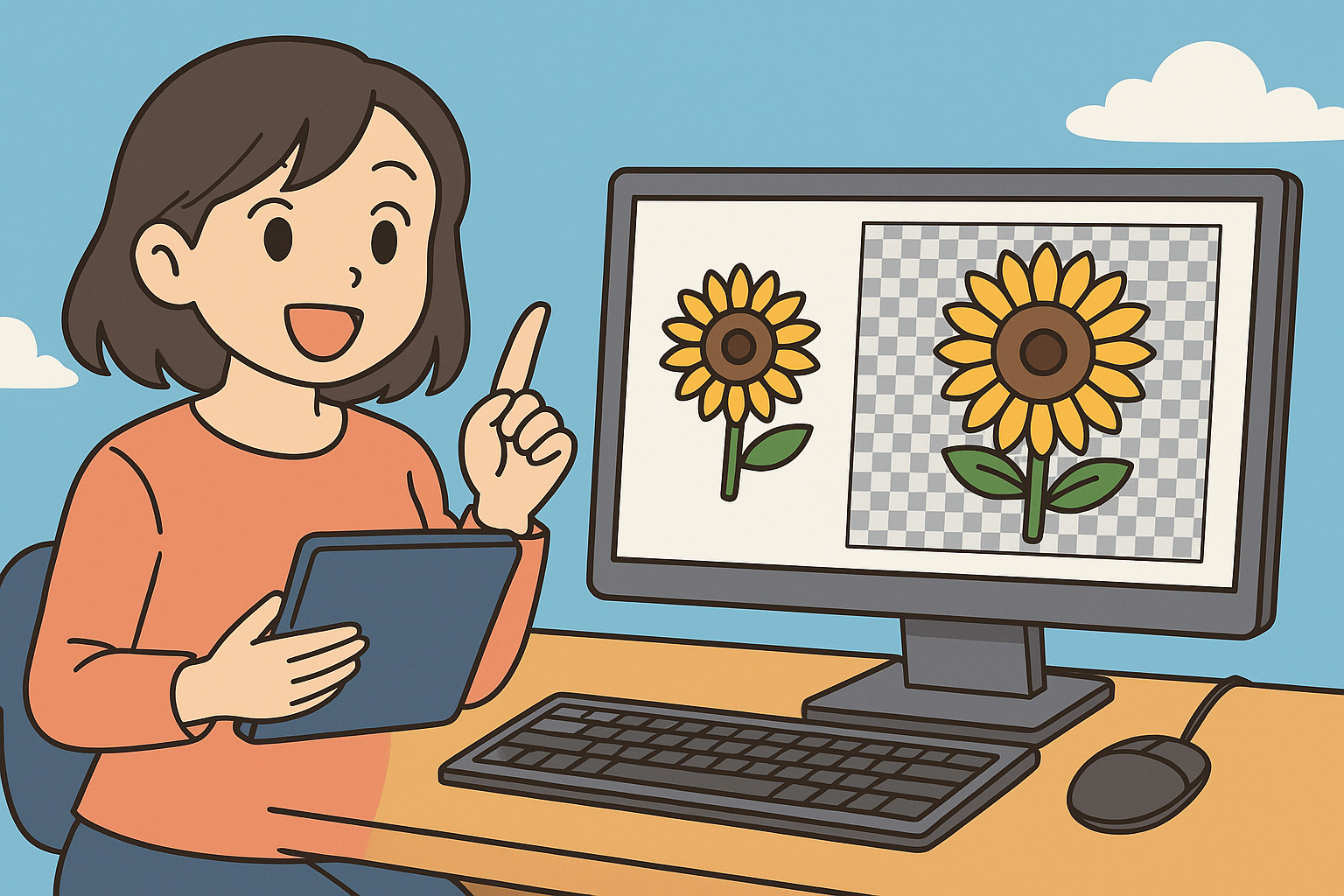 PCの画面を見ている女性のイラスト