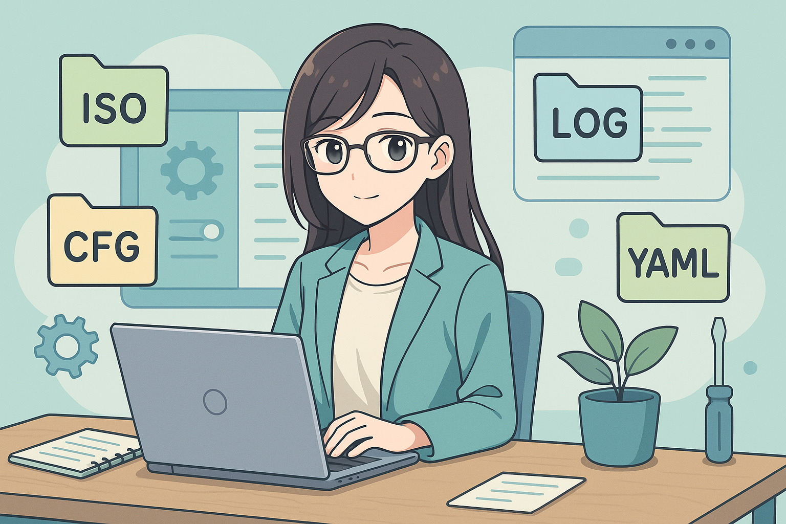 PCで作業している女性のイラスト