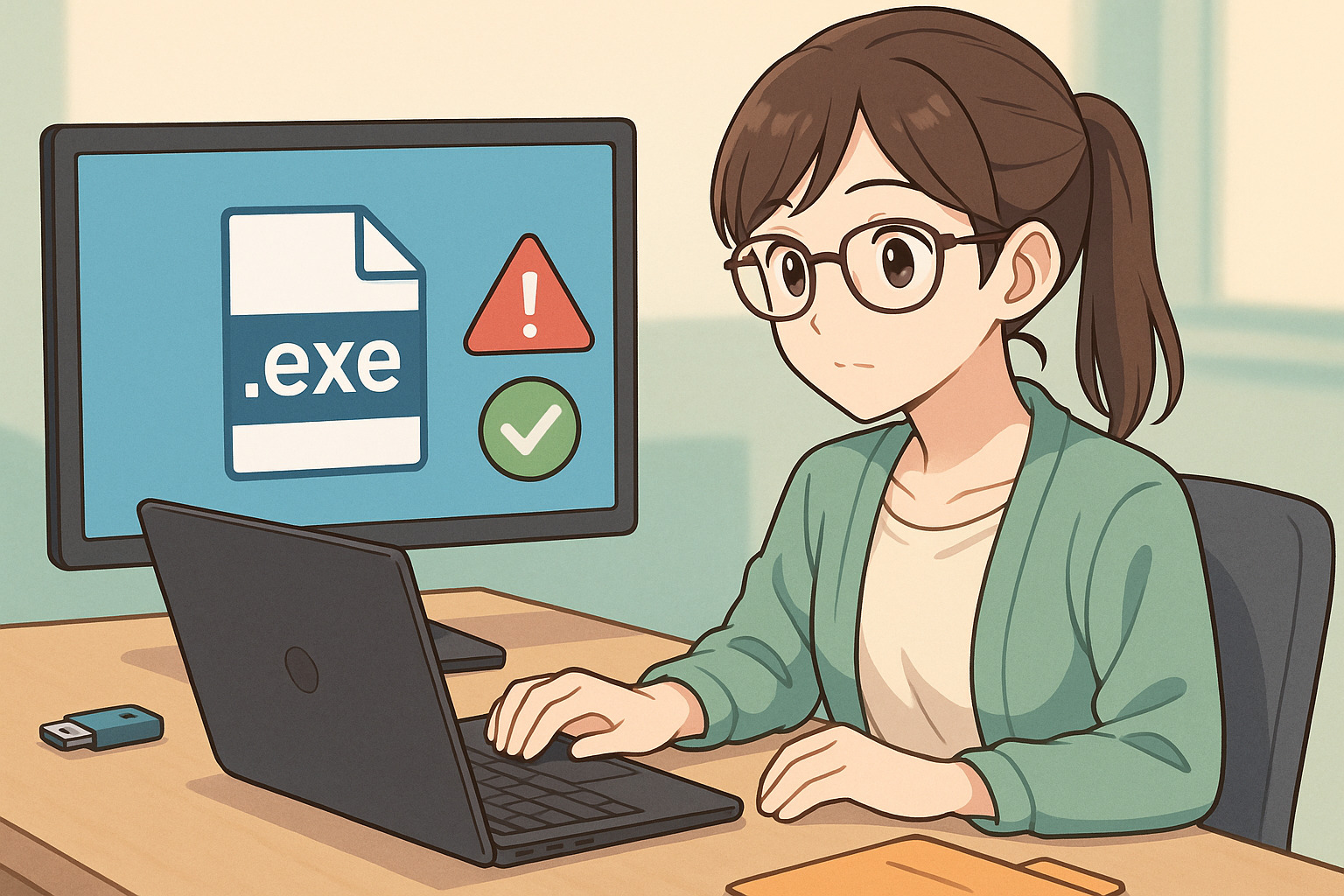 PCで作業している女性のイラスト