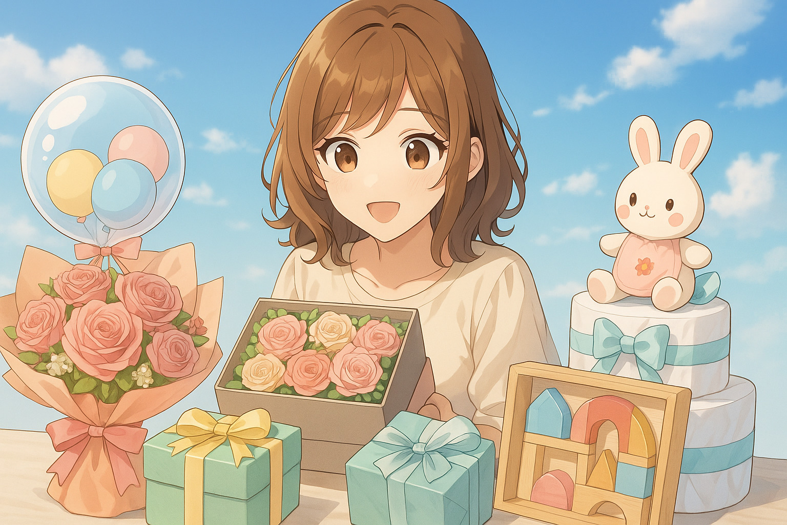 いろんなギフトを前に目を輝かせている女性のイラスト