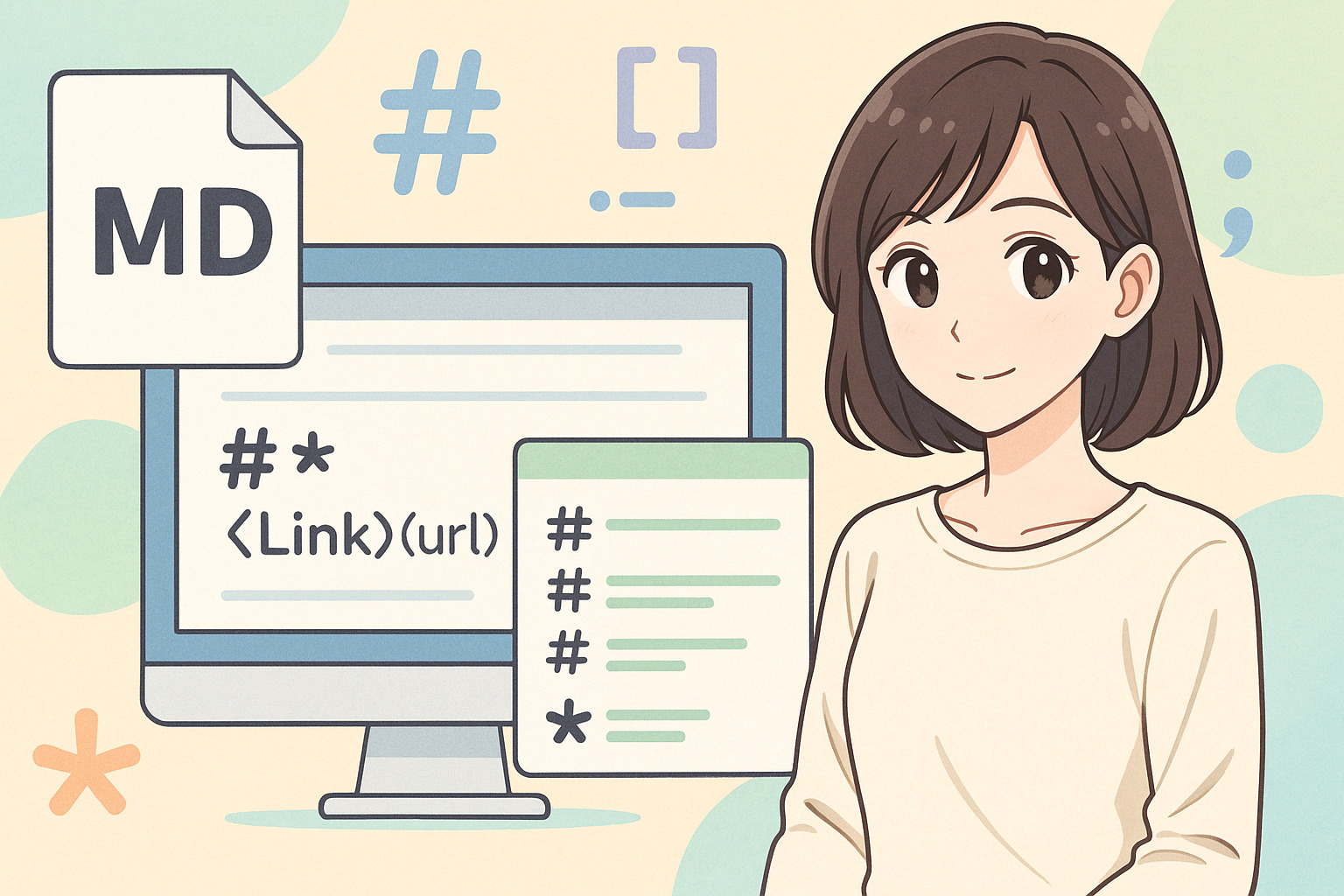 MDのデータをバックにこちらを向いて微笑んでいる女性のイラスト