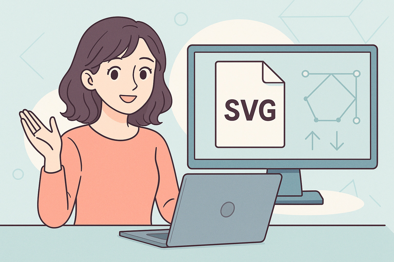 PCの前で微笑んでいる女性のイラスト