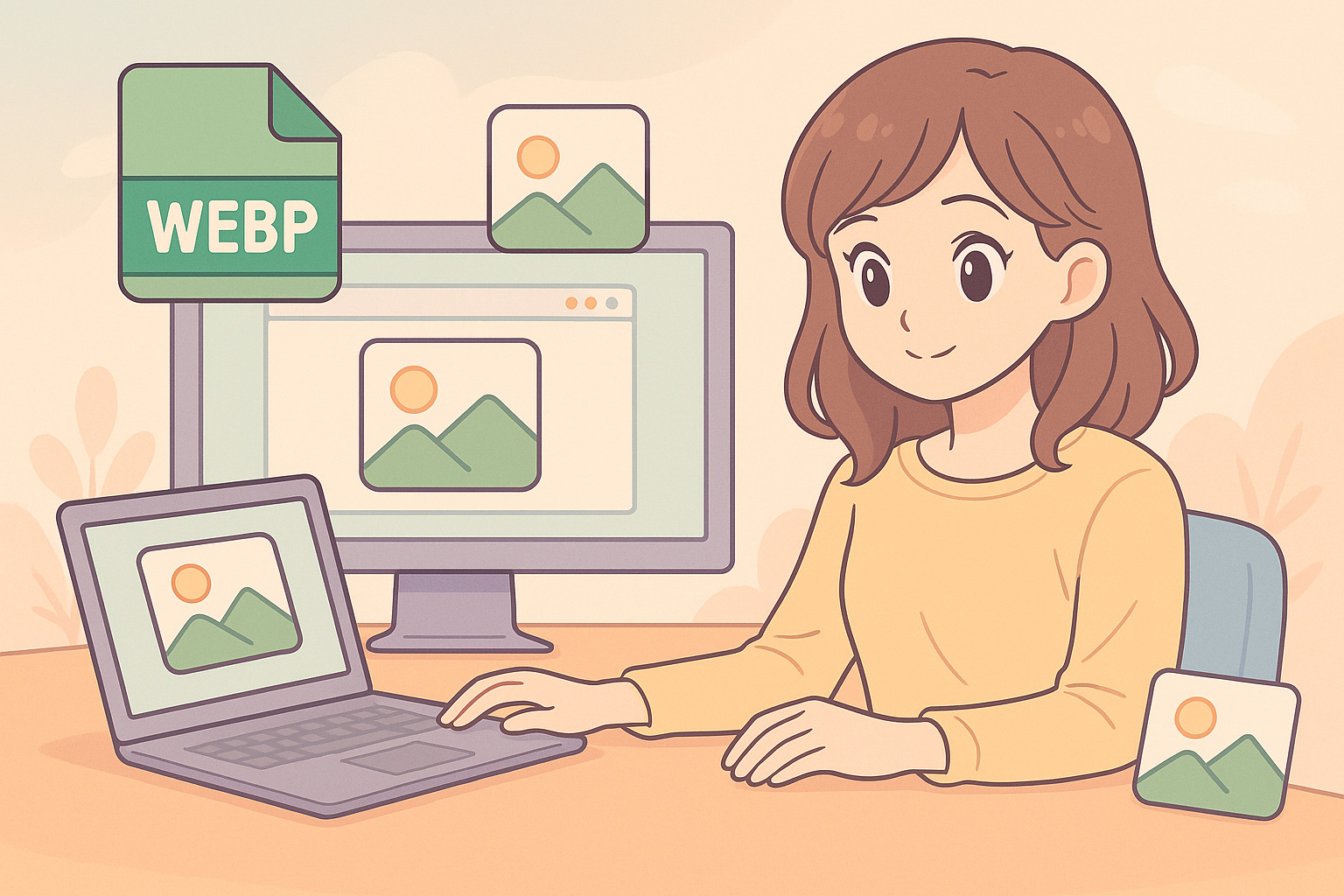 PCで作業している女性のイラスト
