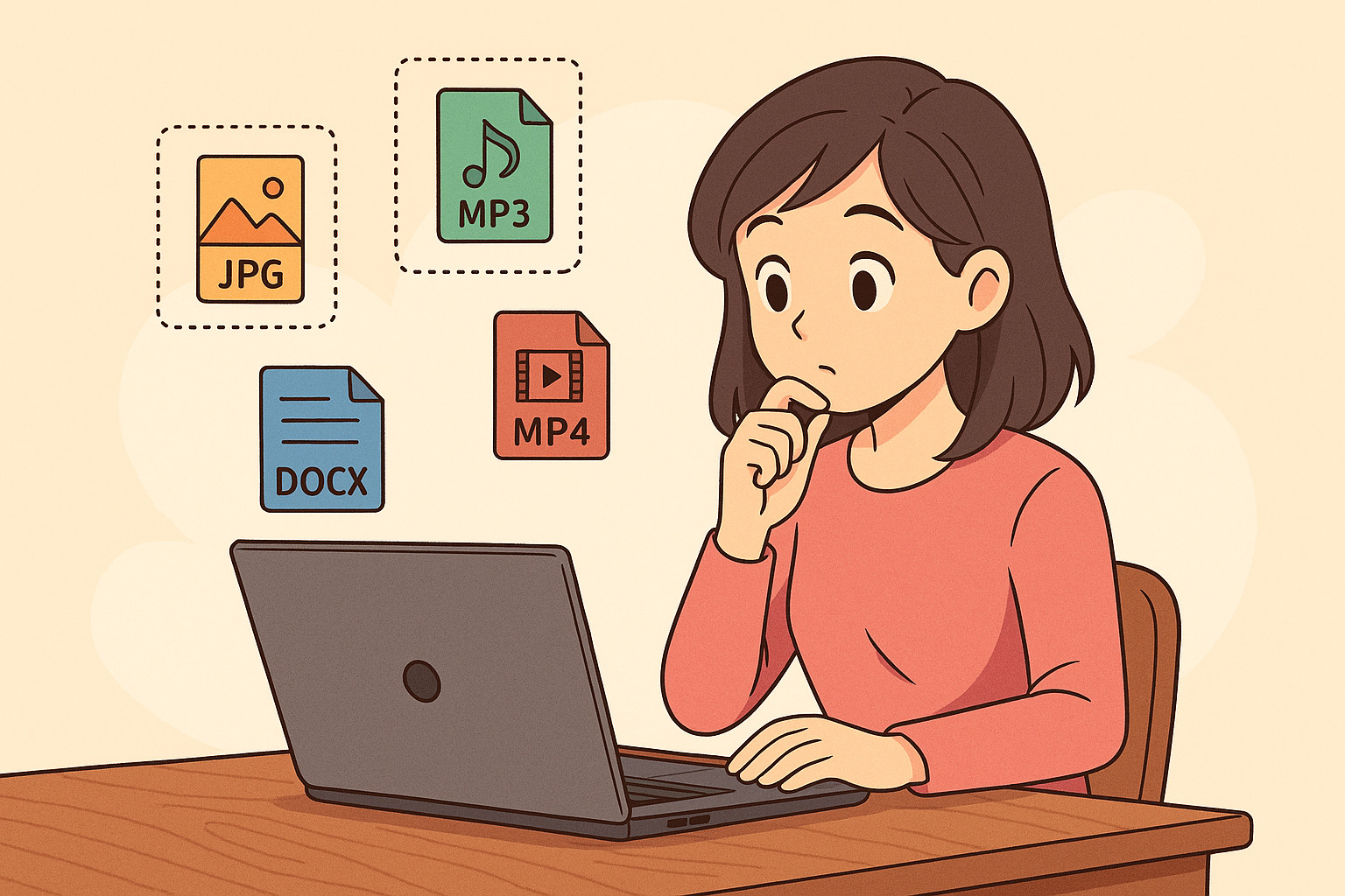 PCを見ながら考え込んでいる女性のイラスト