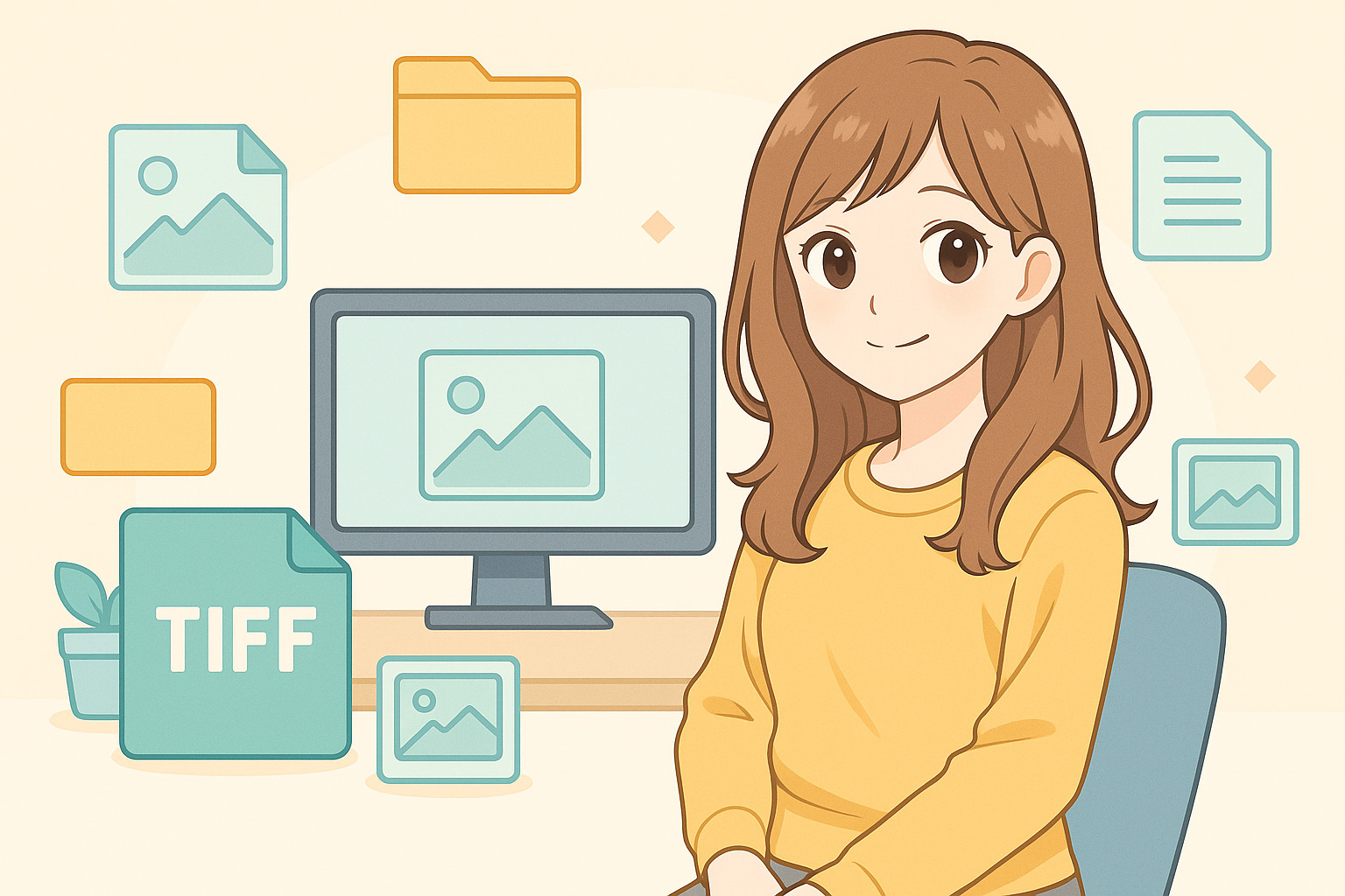 PCの前で微笑んでいる女性のイラスト
