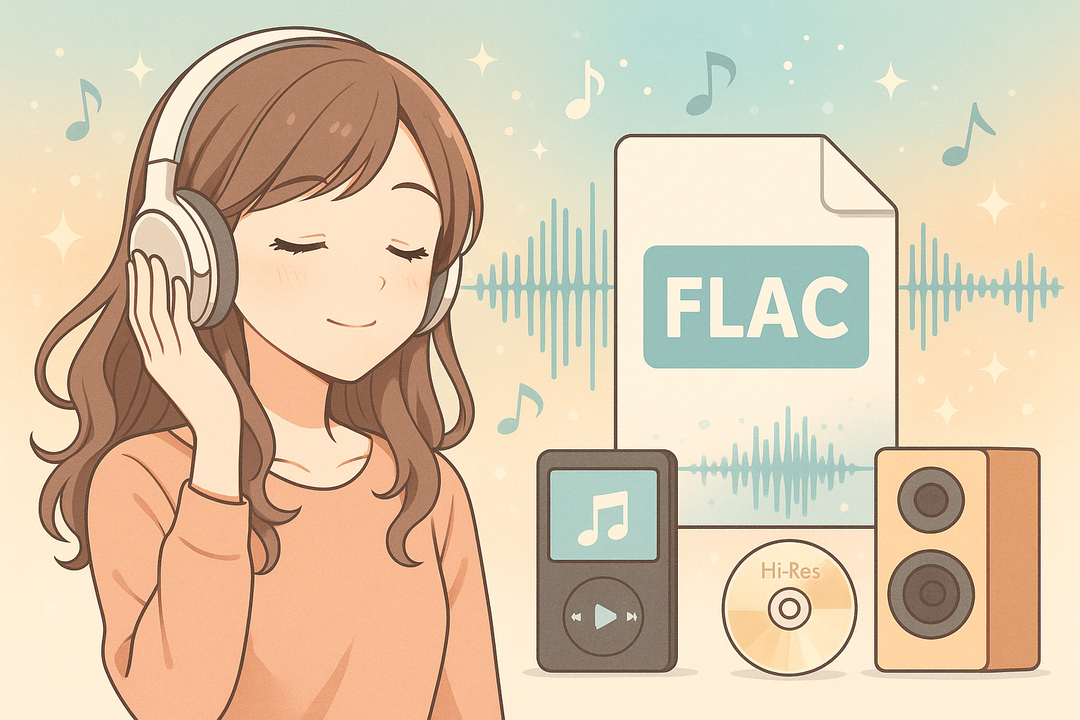 ヘッドホンで音楽を聴いている女性のイラスト