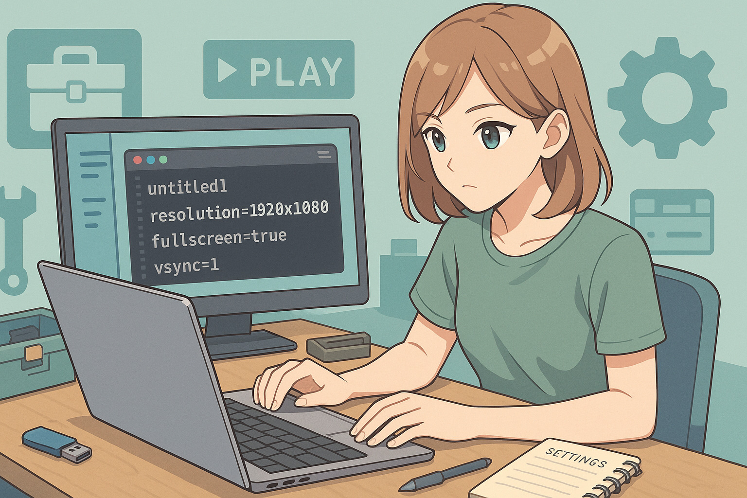 PCで作業している女性のイラスト