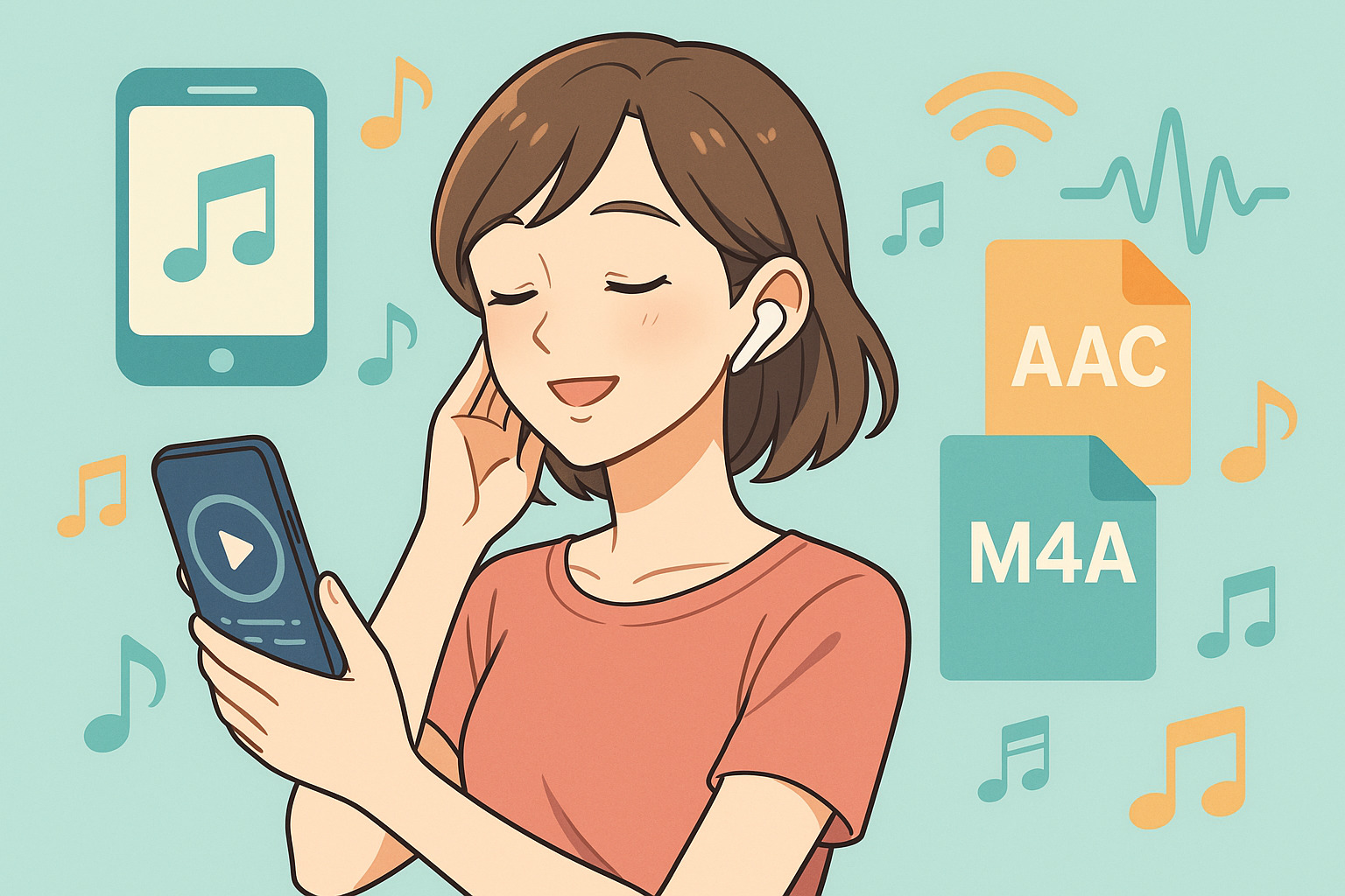 ワイヤレスイヤホンで音楽を聴いている女性のイラスト