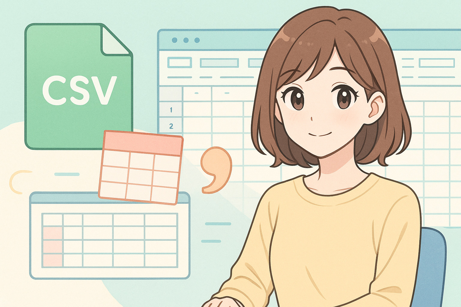CSVのデータをバックにこちらを向いて微笑んでいる女性のイラスト
