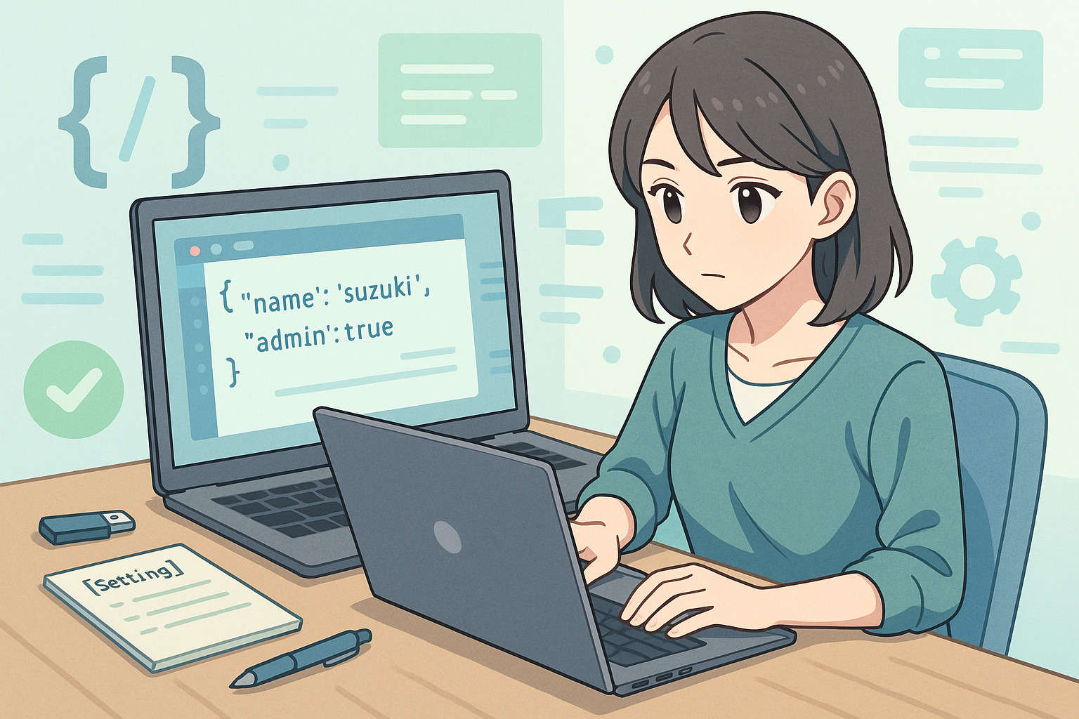 PCで作業している女性のイラスト