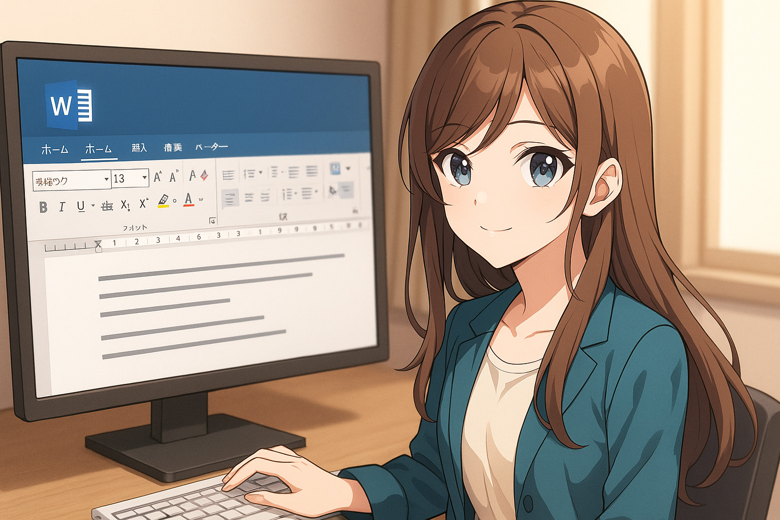 PCで作業している女性のイラスト