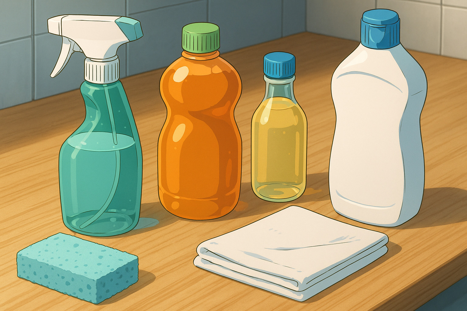 掃除用洗剤や道具が並んでいるイラスト