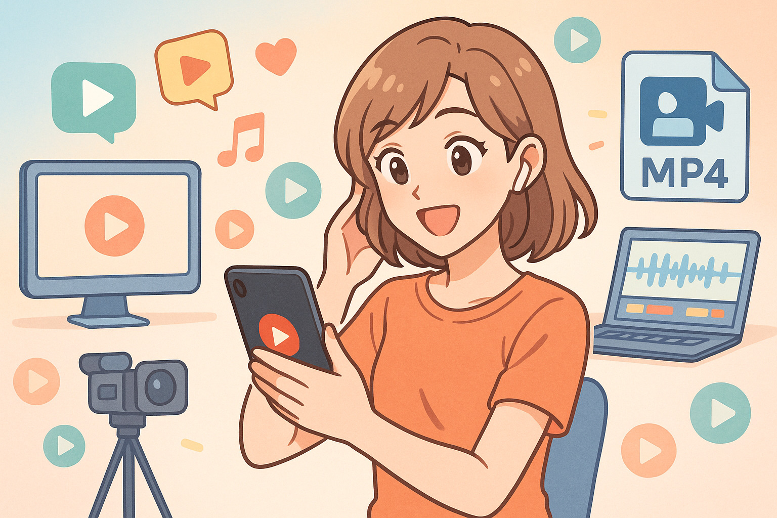 スマホで動画を見ている女性のイラスト
