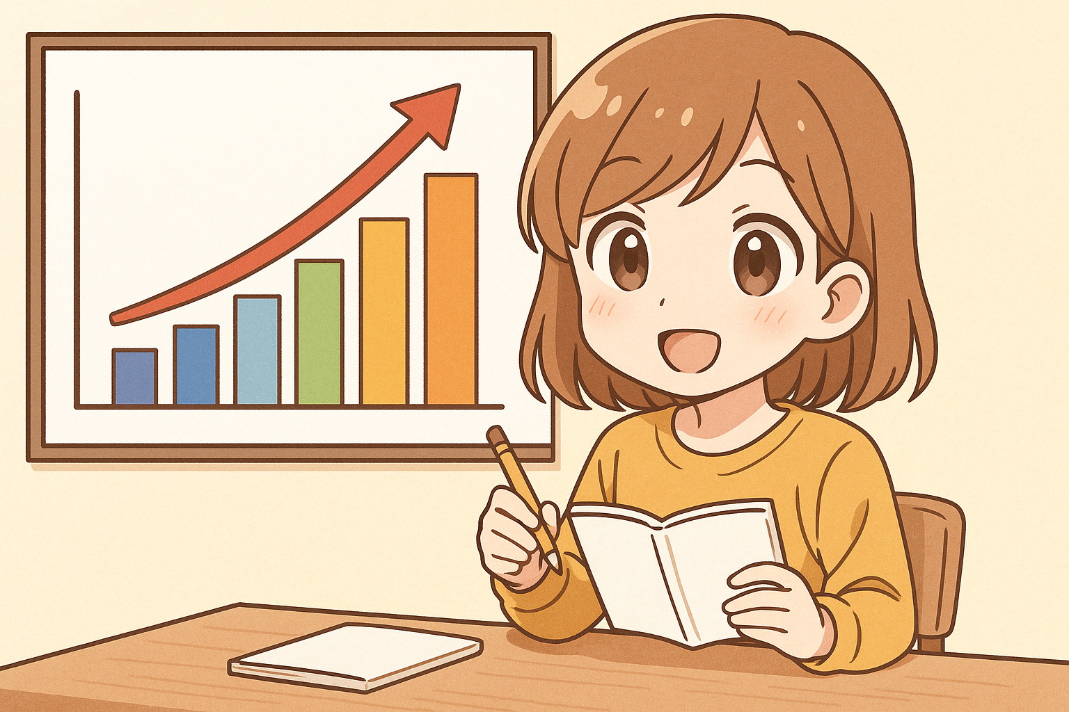 デスクで勉強しながらこちらに笑顔を向ける女性のイラスト