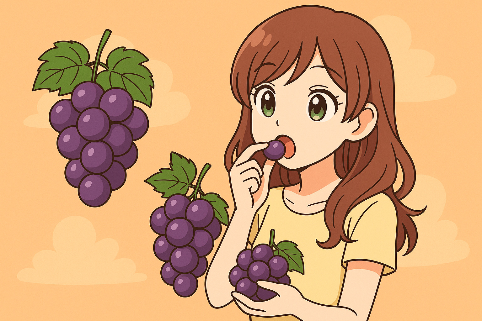 ぶどうを食べている女性のイラスト