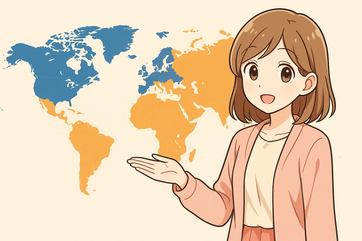 世界地図を背景に説明している女性のイラスト