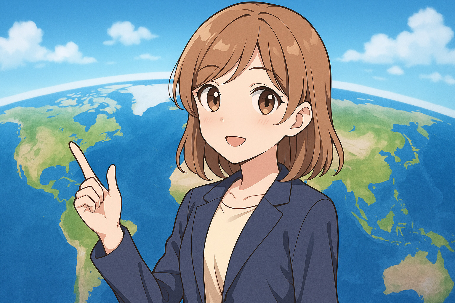 地球の半球をバックに笑顔を向ける女性のイラスト