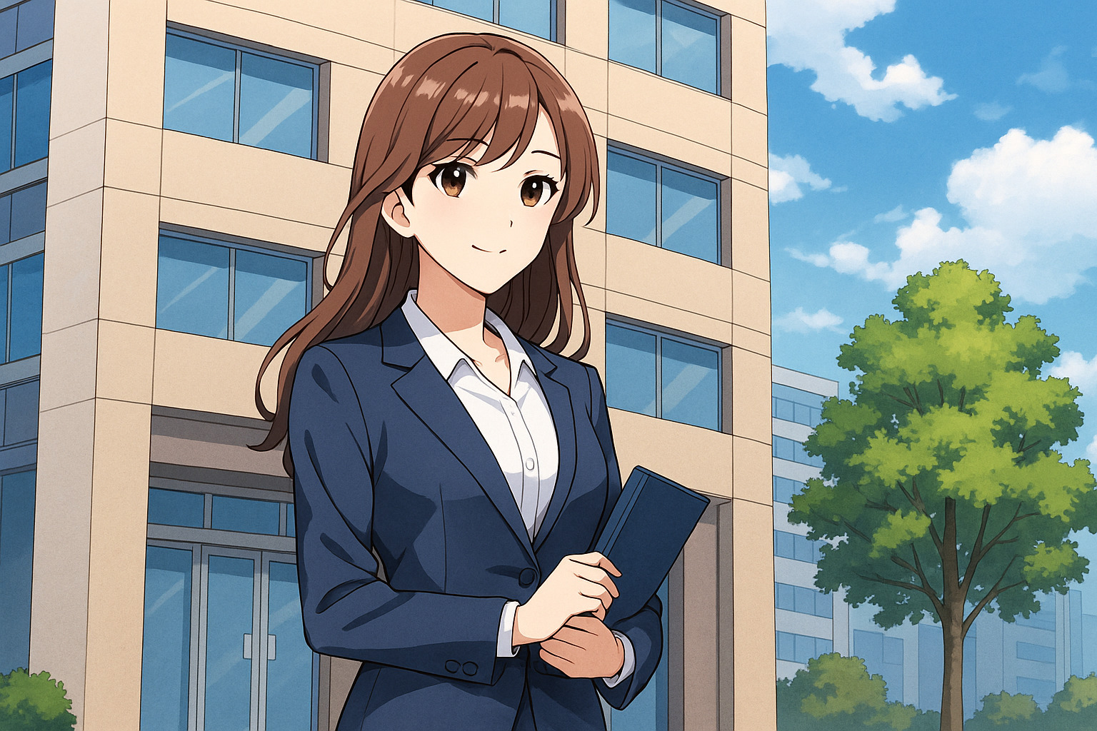 商工組合中央金庫の前で笑顔でこちらを向いている女性のイラスト