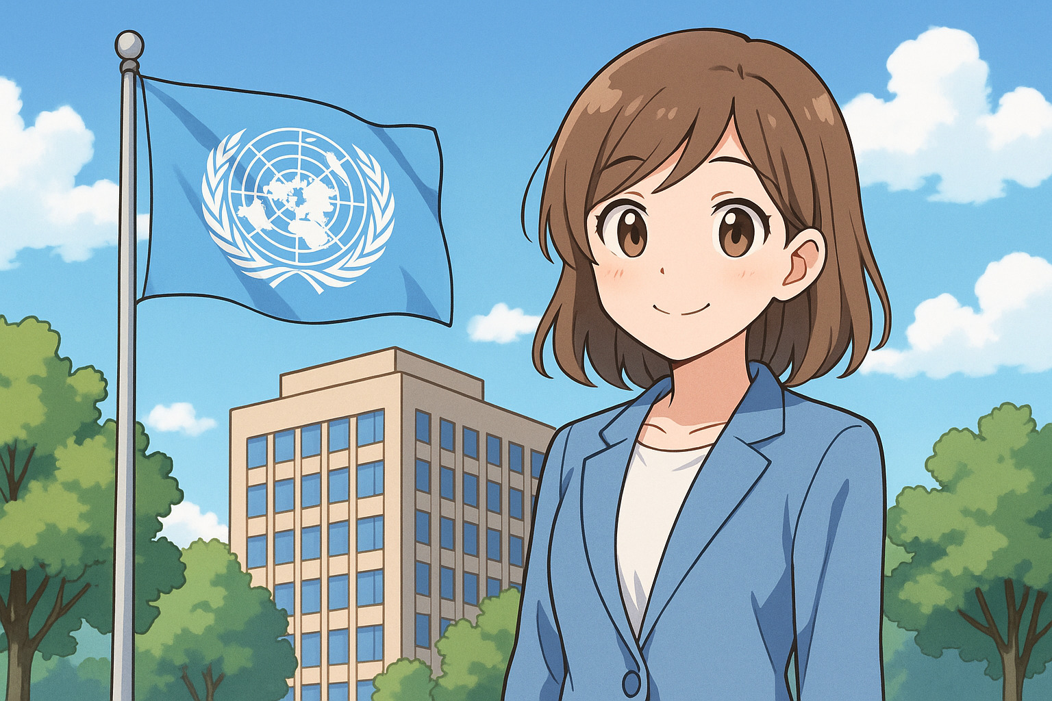 国連の旗をバックに笑顔を向ける女性のイラスト
