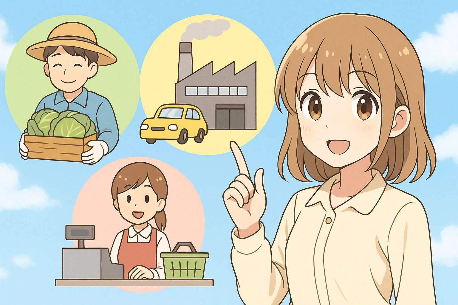 産業について説明している女性のイラスト