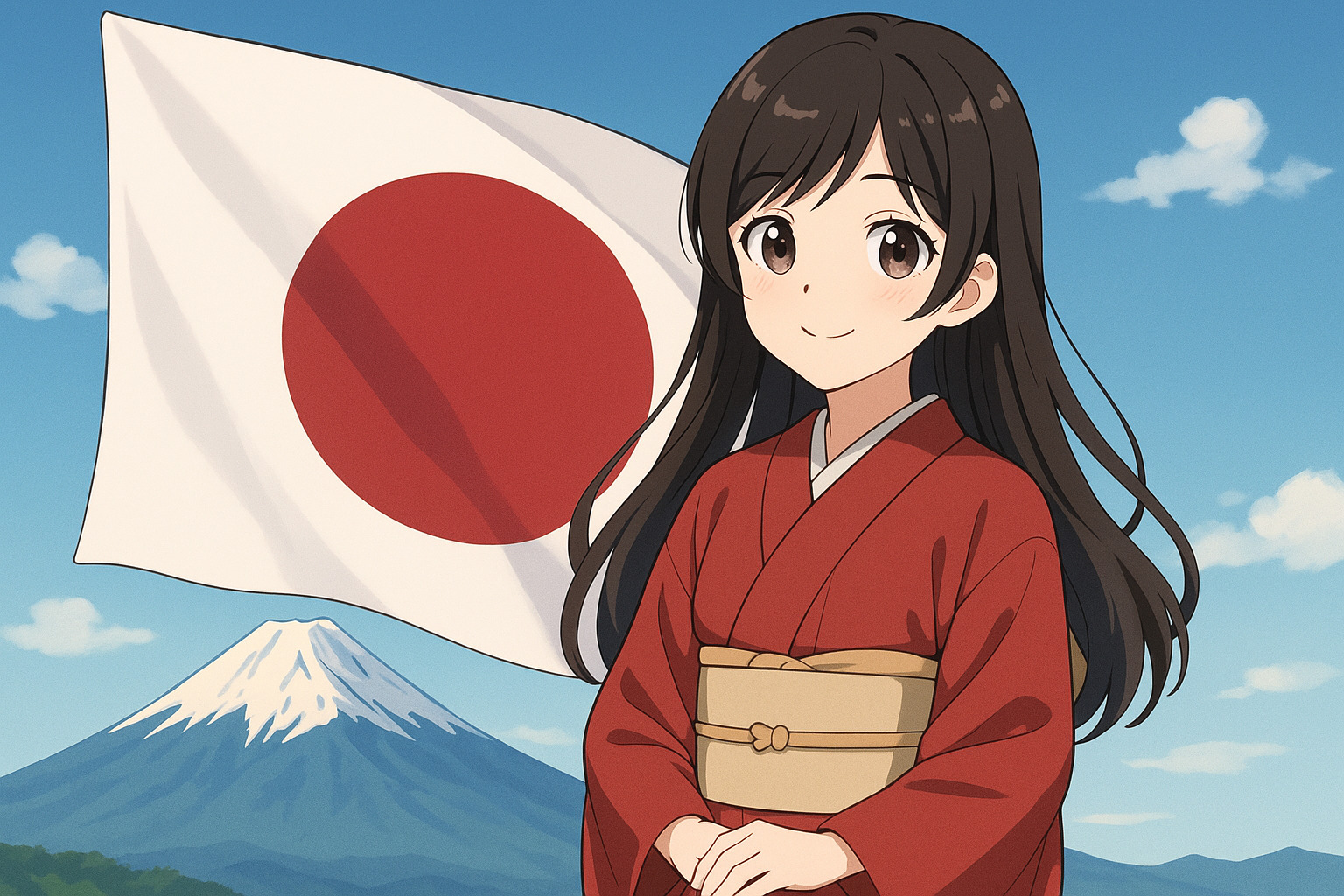 日本の国旗をバックに笑顔を向ける着物姿の女性のイラスト