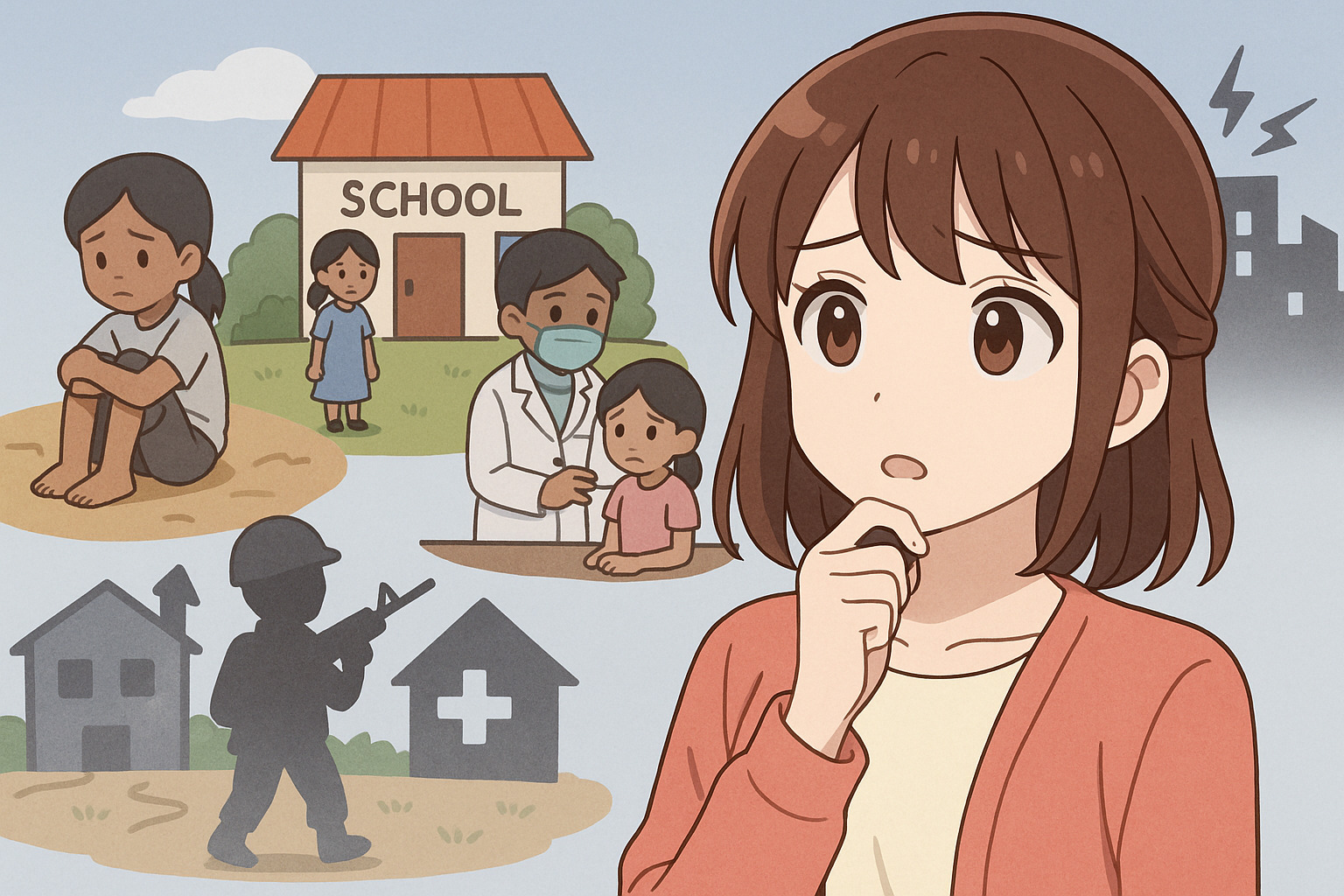 医療体制の不備や紛争を背景に考え込んでいる女性のイラスト