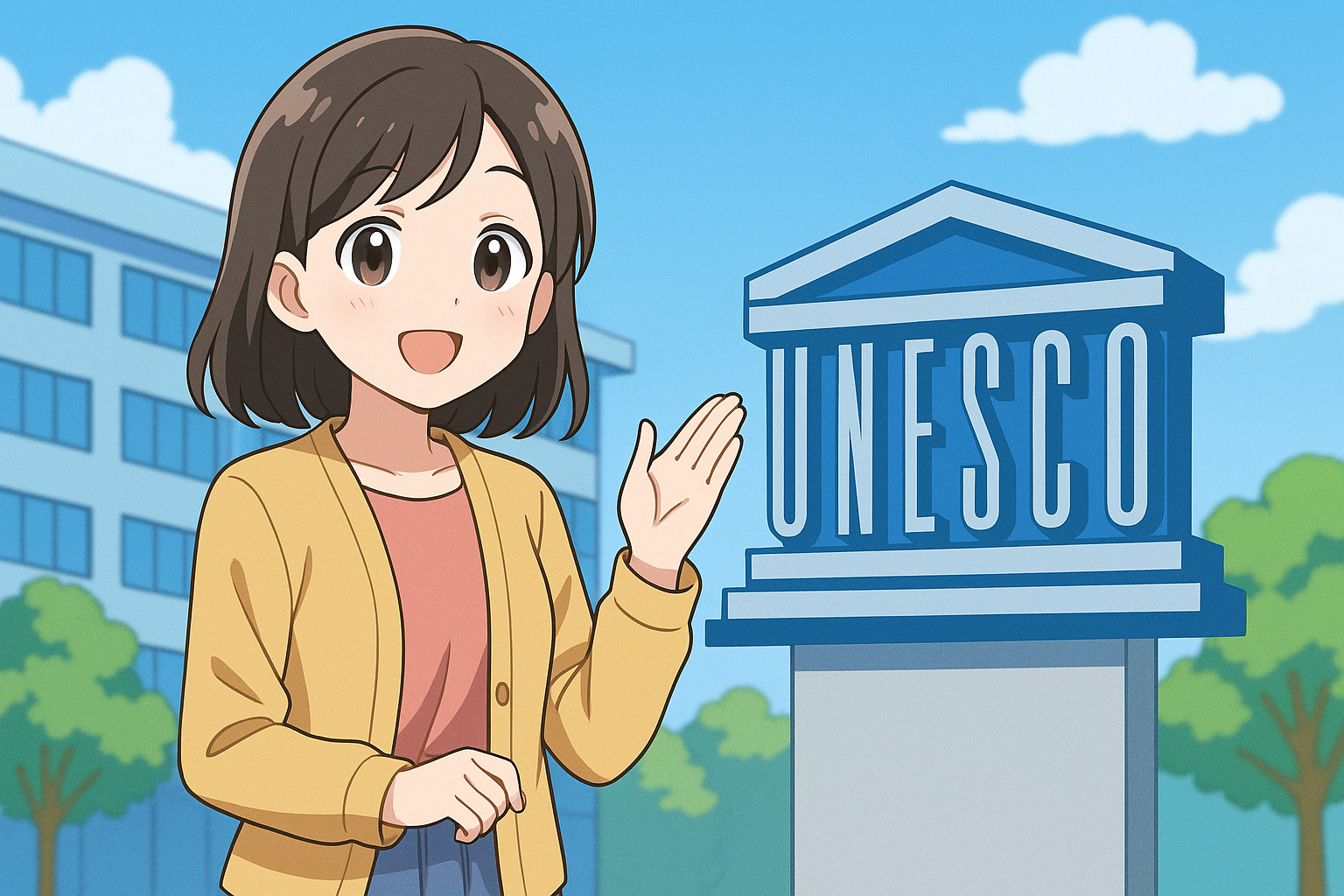 ユネスコを背景にコチラに笑顔を向ける女性のイラスト