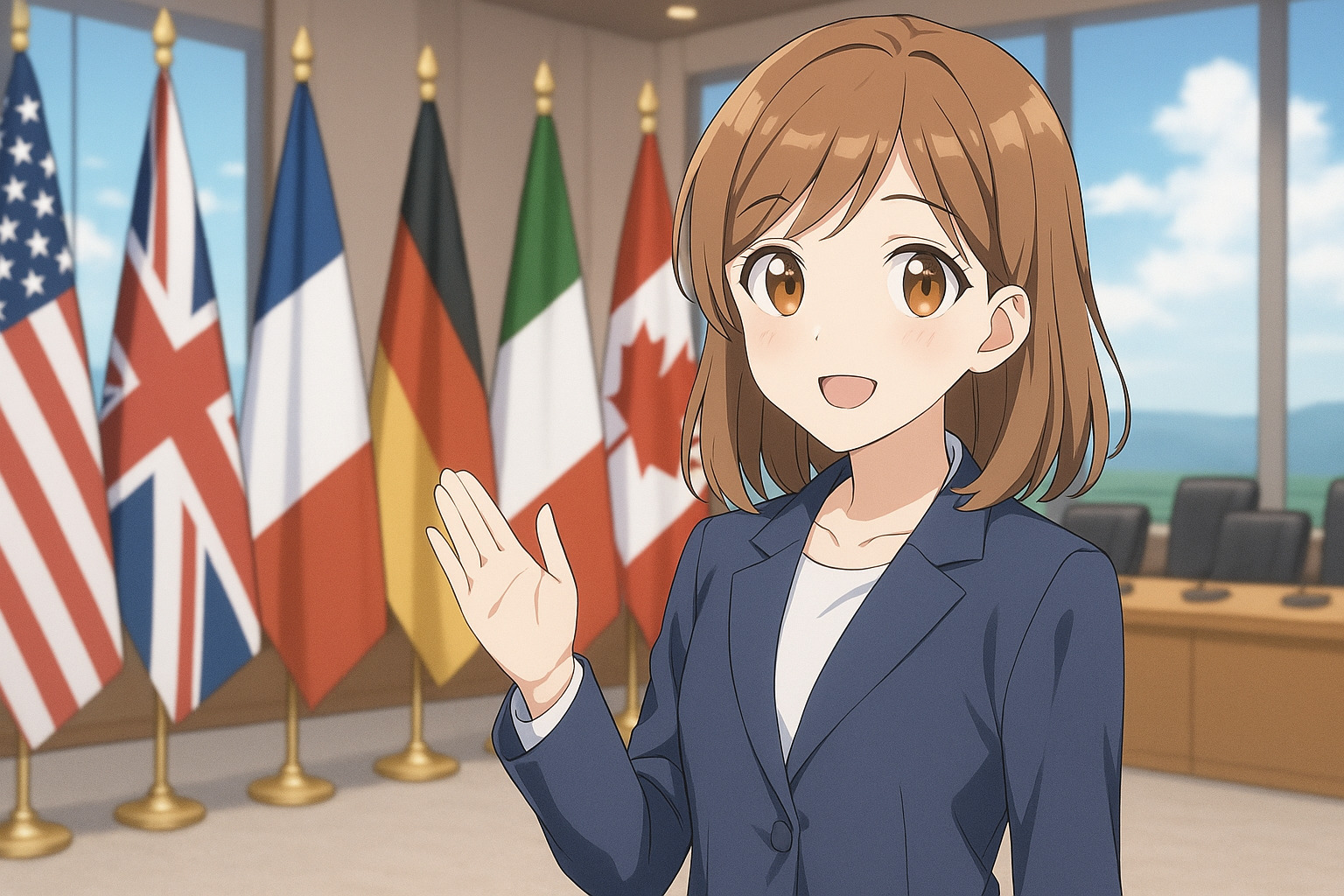 国旗をバックにこちらに笑顔を向ける女性のイラスト