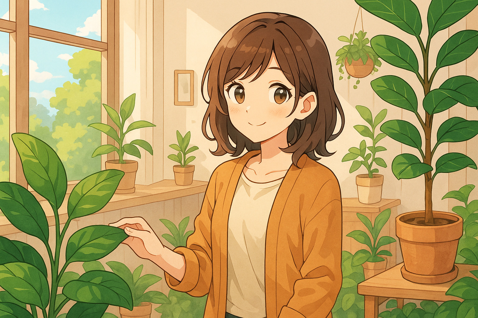 観葉植物に囲まれた部屋で微笑む女性のイラスト