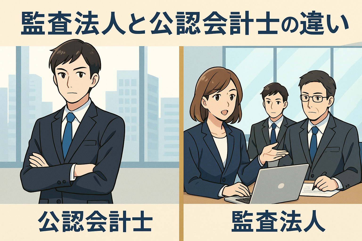 監査法人と公認会計士の違いについて説明するイメージのイラスト