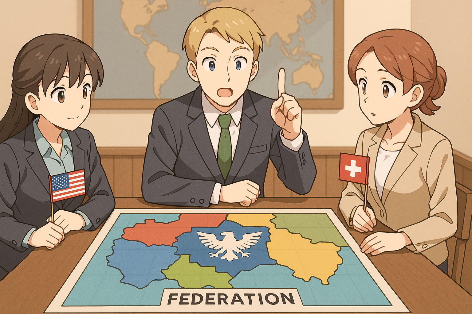 三人の人が話し合いをしている連邦国家をイメージしたイラスト