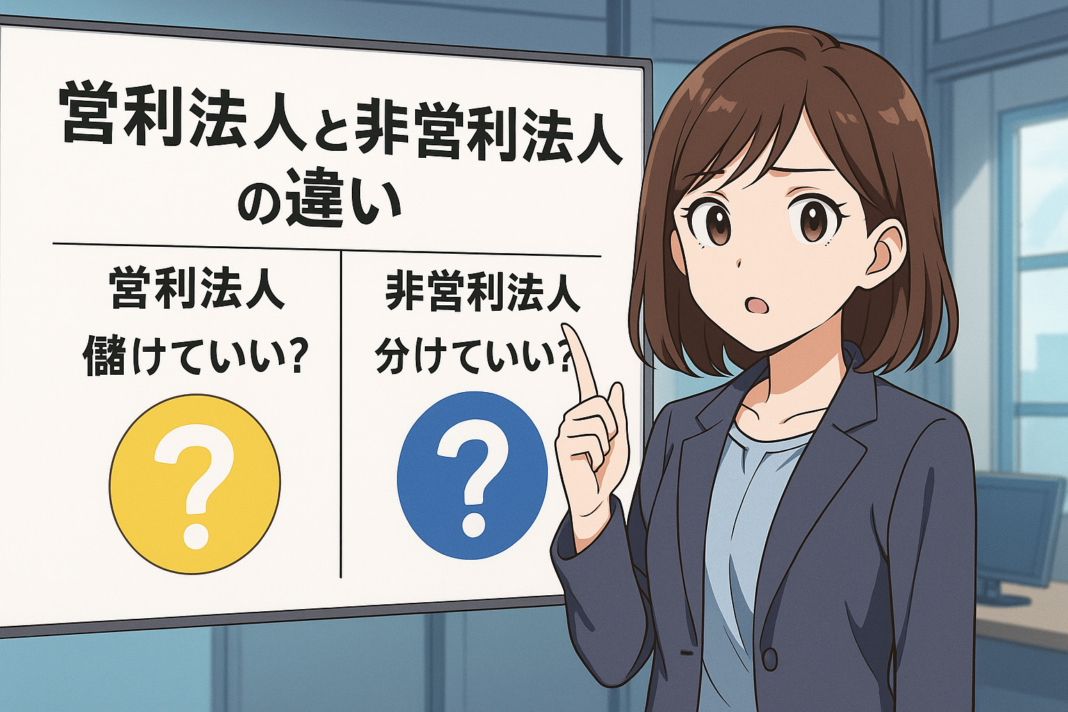 営利法人と非営利法人の違いについて説明している女性のイラスト