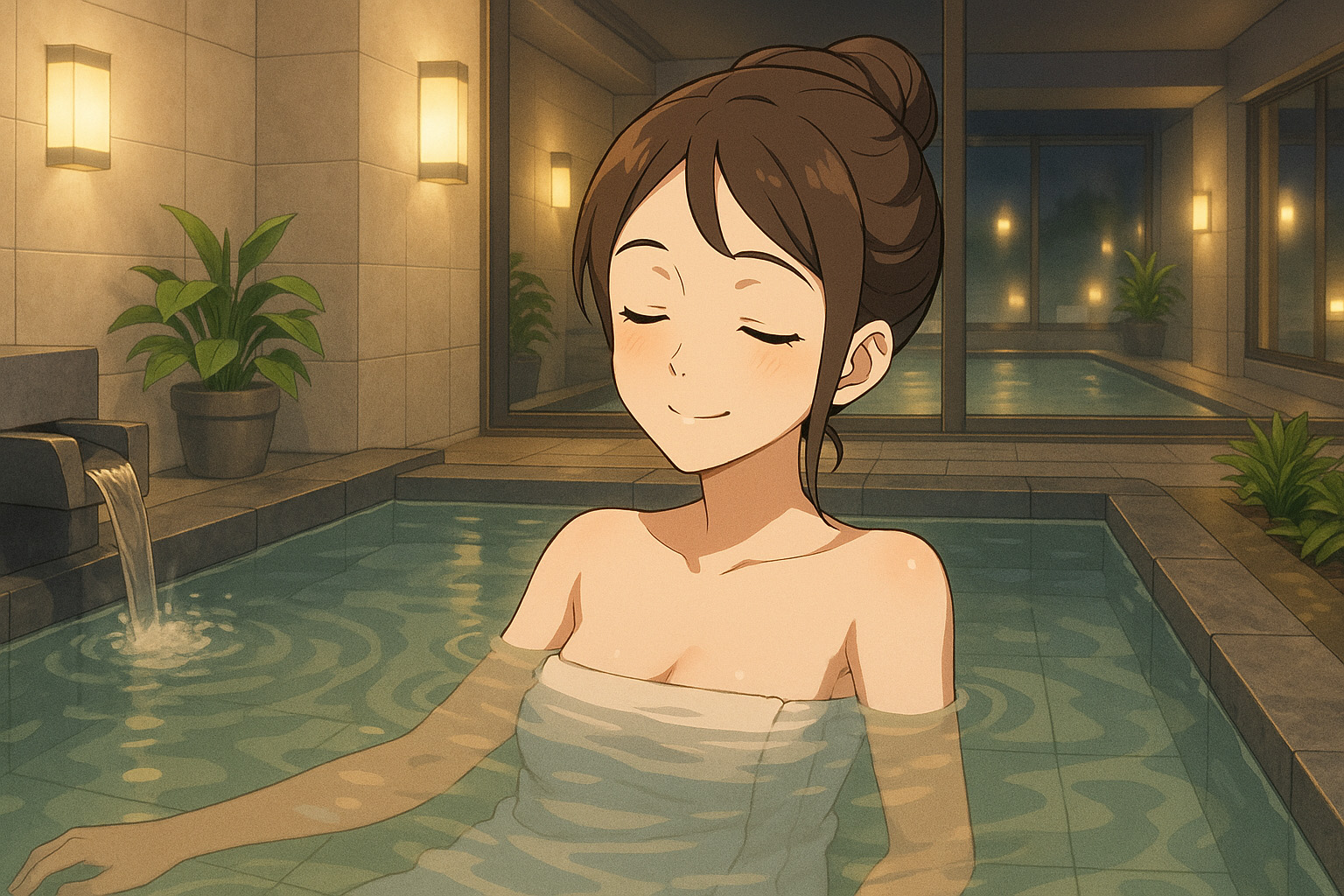 温浴施設で湯船に浸かっている女性のイラスト