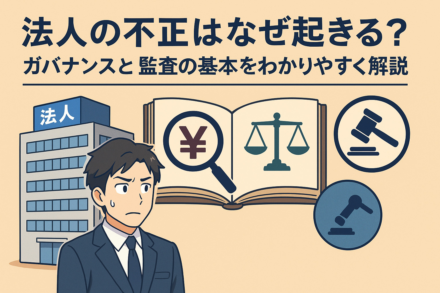 法人の不正はなぜ起きるのかについて困り顔で考え込んでいる男性のイラスト