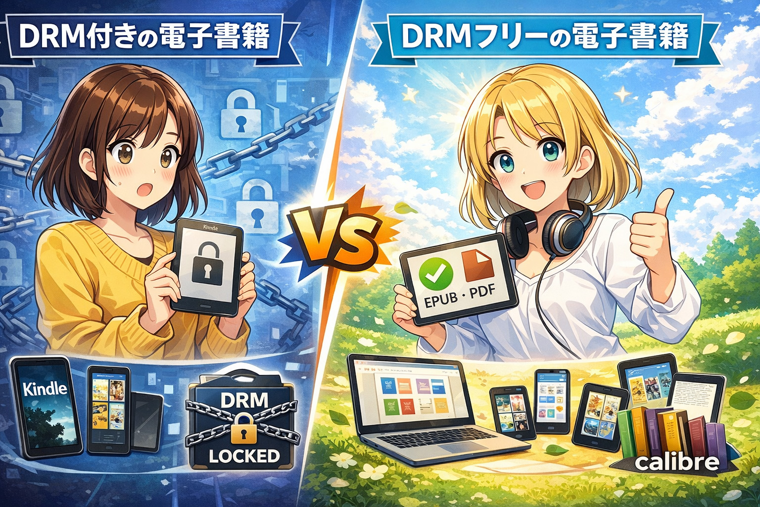 DRM付きの電子書籍とDRMフリーの電子書籍を比べるイメージのイラスト