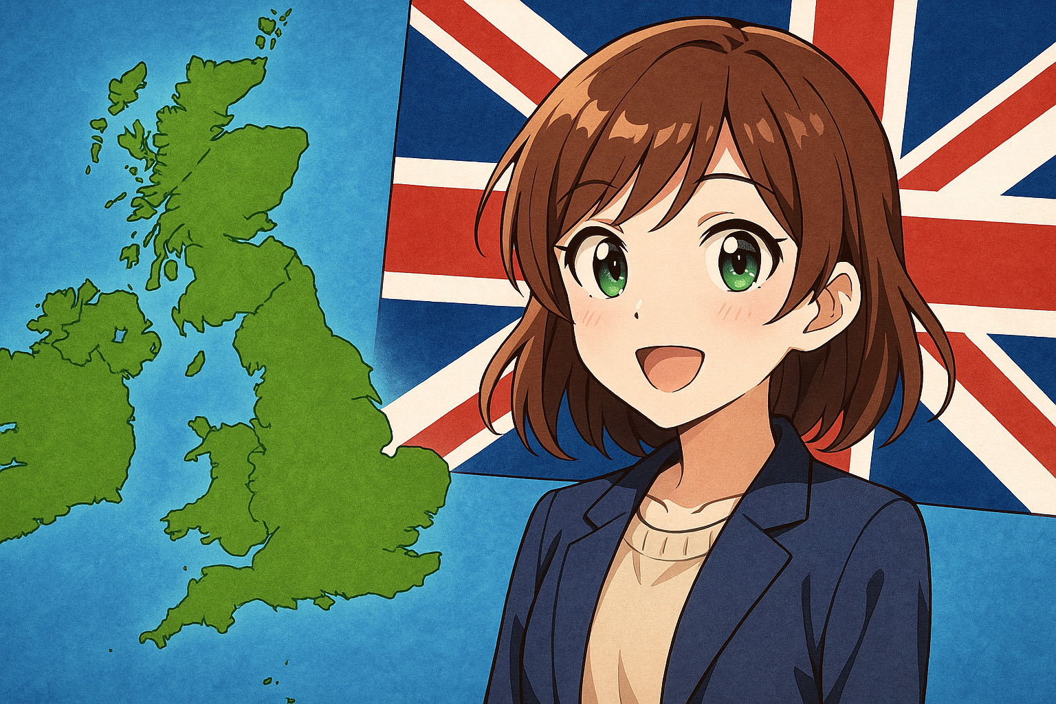 UK全域の地図とUKの国旗をバックに微笑む女性のイラスト