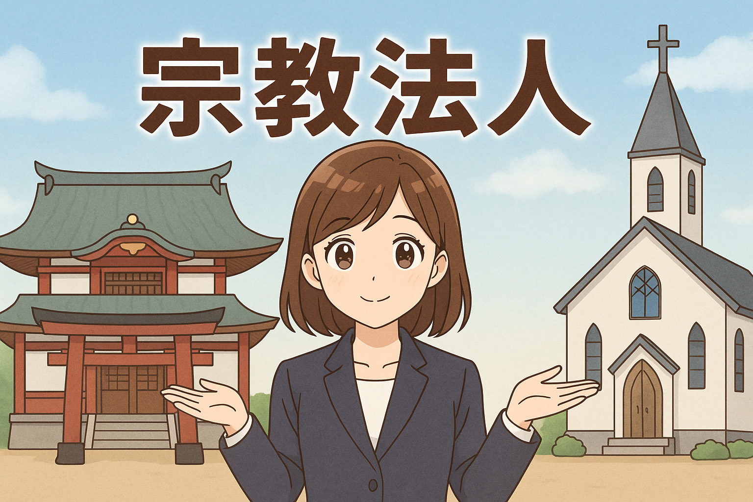 宗教的な建物の前でこちらを向いている女性のイラスト