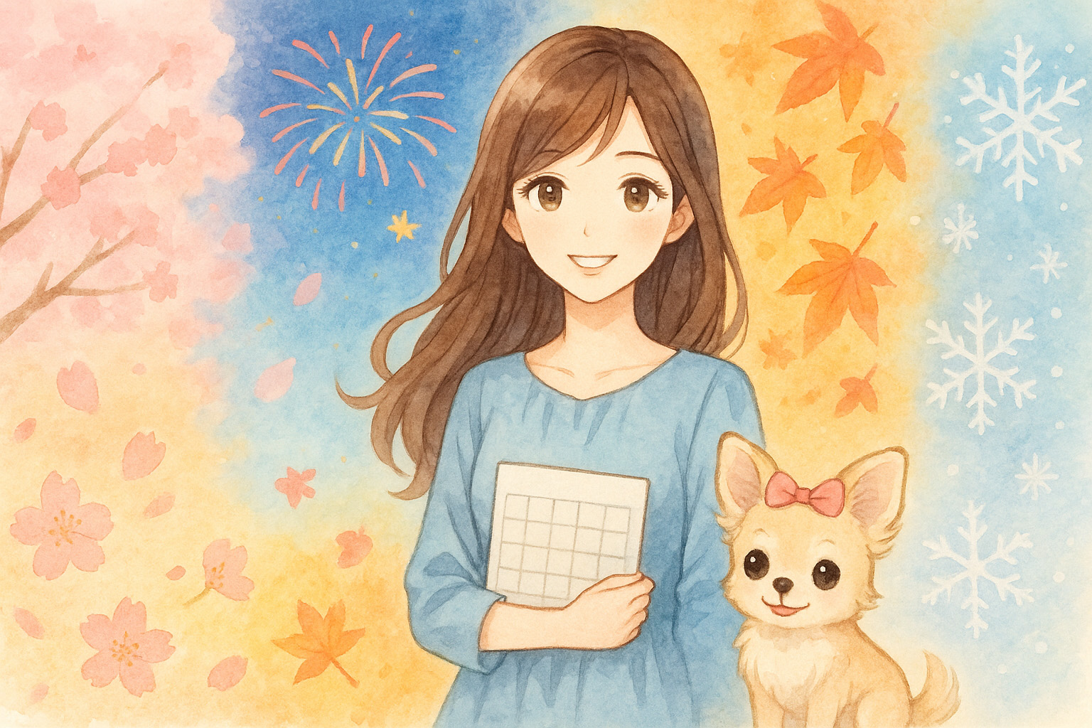 四季のグラデーションを背景に綺麗な女性とチワワの女の子がこちらを向いているイラスト